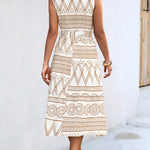 Sleeveless Buttoned Printed Tied Waist Lapel Collar Midi Dresses