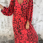 Leopard Print V-neck Pullover Long-sleeved Loose Dress