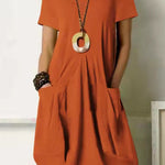 Cotton Linen Solid Color Loose Round Neck Short Sleeve Tank Dress