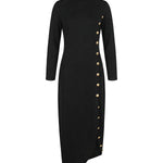 Long Sleeves Loose Asymmetric Buttoned Split-Joint Split-Side Mock Neck Maxi Dresses
