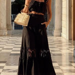 Summer City Hollow Lace Crop Tank and Elastic Waist Pocketed A-line Maxi Skirt Set