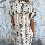 Linen Blend Unique Print Lapel Casual Pocket Mini Dress