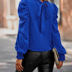 Zeagoo Zeagoo Casual Fold Bubble Cuff Bow Lace Round Neck Shirt Top
