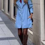 Spectacular Tencel Denim Dress with Front Ruffle in V-Neck