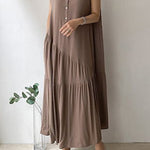 A-Line Loose Buttoned Pleated Ruffled Solid Color Split-Joint Tiered Stand Collar Midi Dresses