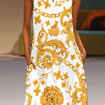 Loose Sleeveless Flower Print Pockets V-Neck Maxi Dresses