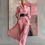 Women's Solid Color Lapel Long Sleeve Single Breasted Belt Maxi Shirt Dress
