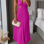V Neck Cut Out Waist Sleeveless Pleated Maxi Dress
