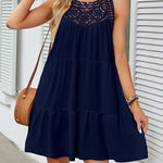 A-Line Loose Hollow Pleated Solid Color Split-Joint Round-Neck Mini Dresses