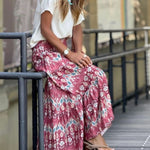 Resort Style Unique Print Pleated Elastic Waist Maxi Skirt
