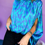 Blue Leopard Print Loose Batwing Sleeve Mock Neck Blouse