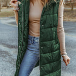 Hooded Pocketed Quilted Long Vest Coat