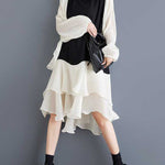 High-Low Long Sleeves Contrast Color Ruffle Trim Split-Joint Round-Neck Midi Dresses