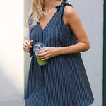 Sleeveless Bowknot Split-Joint Striped V-Neck Mini Dresses Shirt Dress