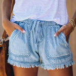 10 Colors Casual Drawstring High Waisted Denim Fringed Shorts