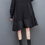 Loose Puff Sleeves Pleated Solid Color Split-Joint Round-neck Midi Dresses