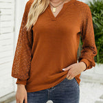 Waffle Grace Stitching Long Sleeve V-Neck T-Shirt Top Women
