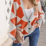 V-neck Diamond Stitching Contrast Color Loose Knitted Cardigan Jacket for Women