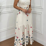 Vanie Linen Blend Floral Print Cutout Waist Back Smocked Slit Maxi Dress