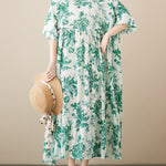 Loose Short Sleeves Floral Printed Pleated Split-Joint Round-Neck Midi Dresses