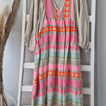 Pink Greek Key and Orange Chain Striped Print Midi Dress