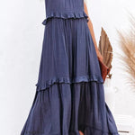Vittoria Shirred Ruffle Tiered Maxi Halter Dress