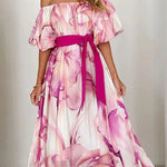 Floral Print Elegant Puff Sleeve Tie-Waist Midi Dress