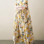 A-Line Loose Floral Printed Round-Neck Midi Dresses