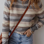 Gray Striped Ribbed Edge Round Neck Sweater