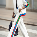 Long Sleeves Loose Contrast Color Striped Zipper Lapel Outerwear
