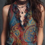 Vintage Ruffle Neck Paisley Chiffon Tank Top