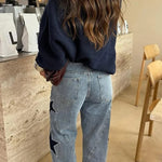 Jessy Denim Mid Rise Side Star Pattern Pocket Wide Leg Jeans