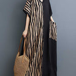 A-Line Batwing Sleeves Contrast Color Pockets Split-Joint Striped V-Neck Maxi Dresses