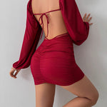 Bodycon High Waisted Backless Elasticity Pleated Solid Color Split-Joint Square-Neck Mini Dresses