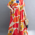 Artistic Retro Short Sleeves Loose Contrast Color Printed Round-Neck Midi Dresses