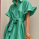 Flared Sleeves Loose Pleated Solid Color Split-Joint Tied Waist Lapel Maxi Dresses Shirt Dress
