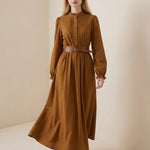 A-Line Elasticated Waist Belted Buttoned Contrast Color Pleated Split-Joint Stand Collar Maxi Dresses Shirt Dress