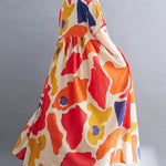 Artistic Retro Short Sleeves Loose Contrast Color Printed Round-Neck Midi Dresses
