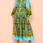 High Waisted Loose Puff Sleeves Belted Floral Printed Lapel Midi Dresses