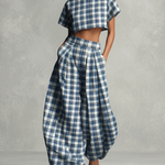 Women's Bold Cotton Blue & White Plaid Turtleneck Cropped Top & Lantern Wide-Leg Pants Set