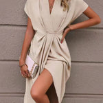 High-Low Loose Knot Pleated Solid Color Split-Front V-Neck Midi Dresses