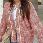 Retro Print Loose V-Neck Cardigan Cotton Jacket