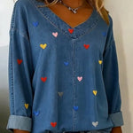 Women'S Casual Color-Block Denim Top With Heart Embroidery