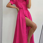 Puff Sleeves Short Sleeves Buttoned Solid Color Round-Neck Midi Dresses Shirt Dress