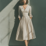 Women's Beige Cotton Blend A-line Midi Dress