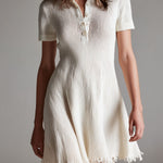Quiet Luxury Ivory Knit Polo Mini Dress With Fringed Hem