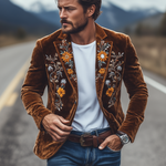 Men's Classic Retro Slim Fit Single Breasted Faux Velvet Embroidered Blazer