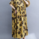 Loose Short Sleeves Pleated Printed Split-Joint Round-Neck Midi Dresses