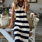 Stripe Elegant V Neck Cap Sleeve Midi Dress