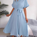 Loose Short Sleeves Solid Color Split-Joint Tied Waist Lapel Midi Dresses Shirt Dress